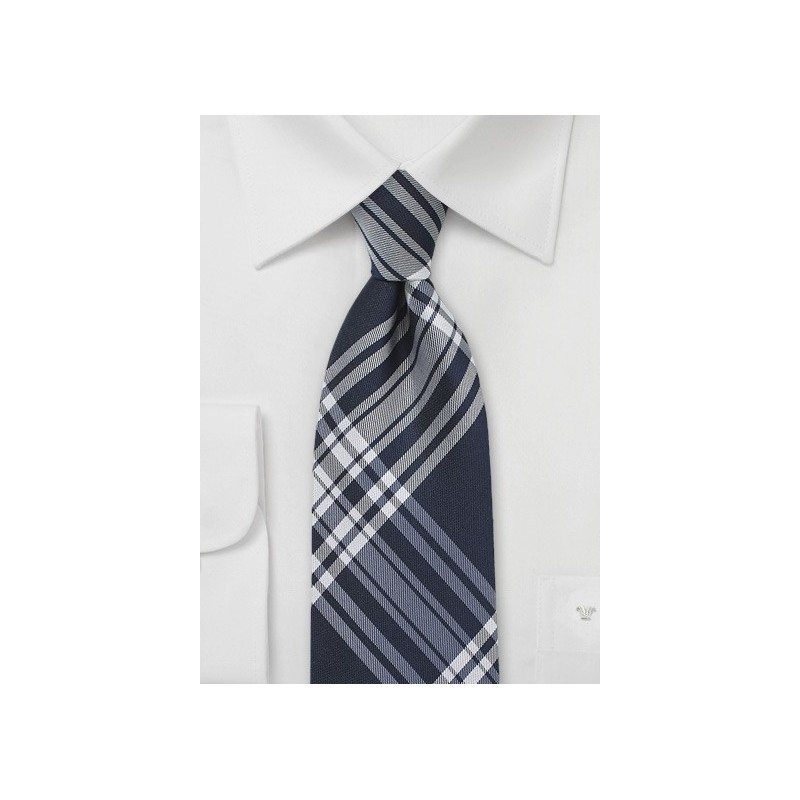Navy Silk Tie with Large Scale Plaid Design