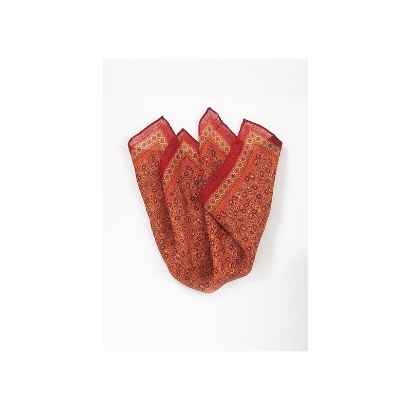 Linen Pocket Square in Red with Paisleys