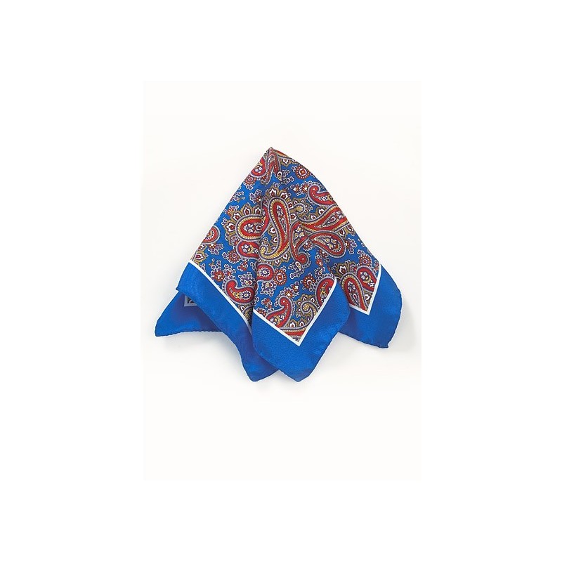 Silk Paisley Pocket Square in Blue, Red, and Yellow