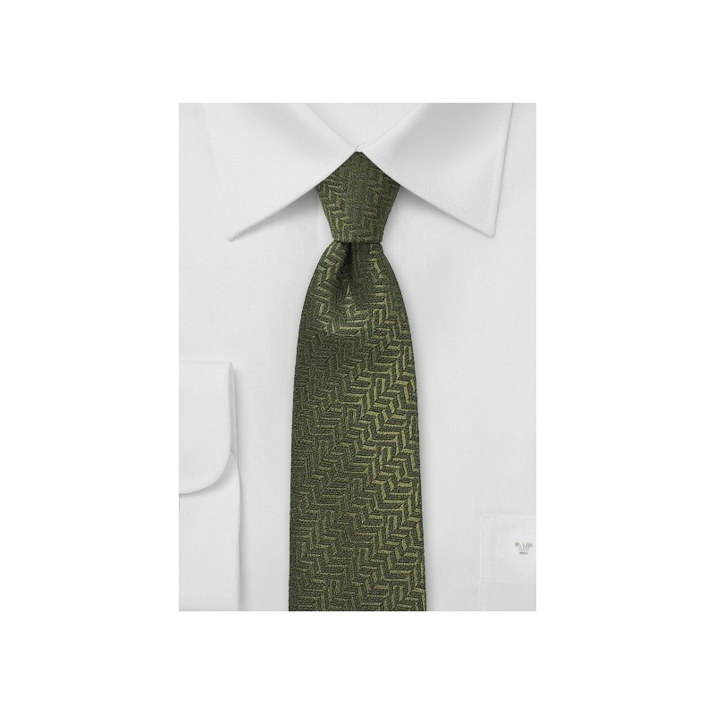 Olive Green Herringbone Skinny Tie