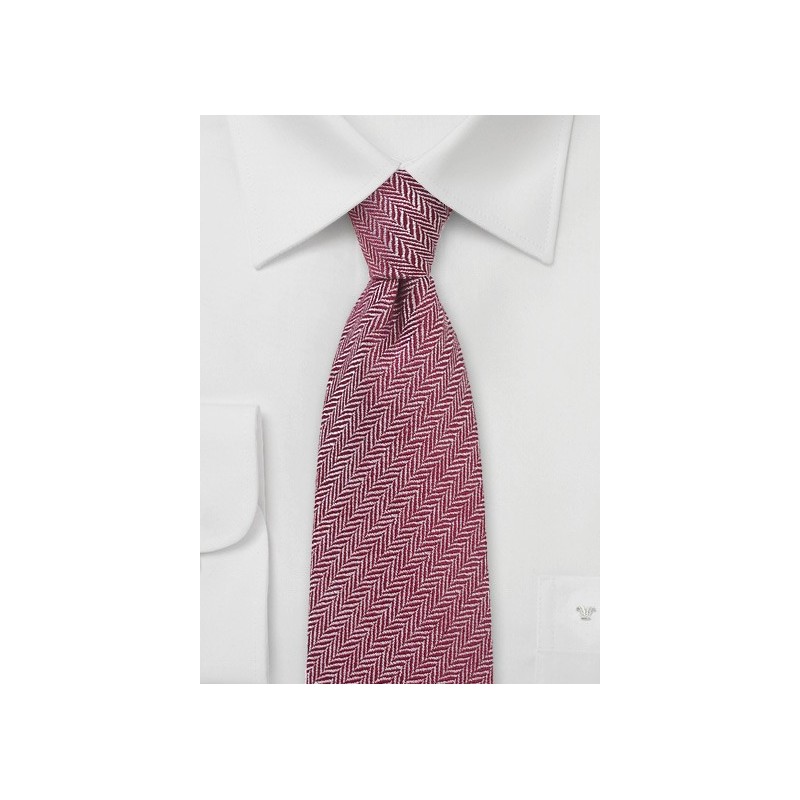 Autumn Red Wool Tie with Herringbone Design