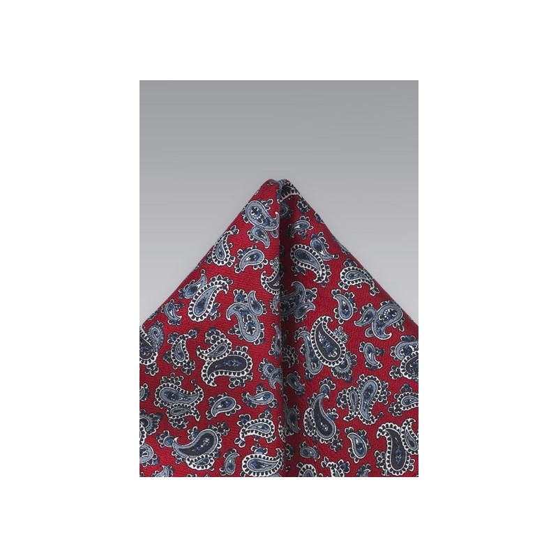 Red Silk Pocket Square with Gray Paisleys