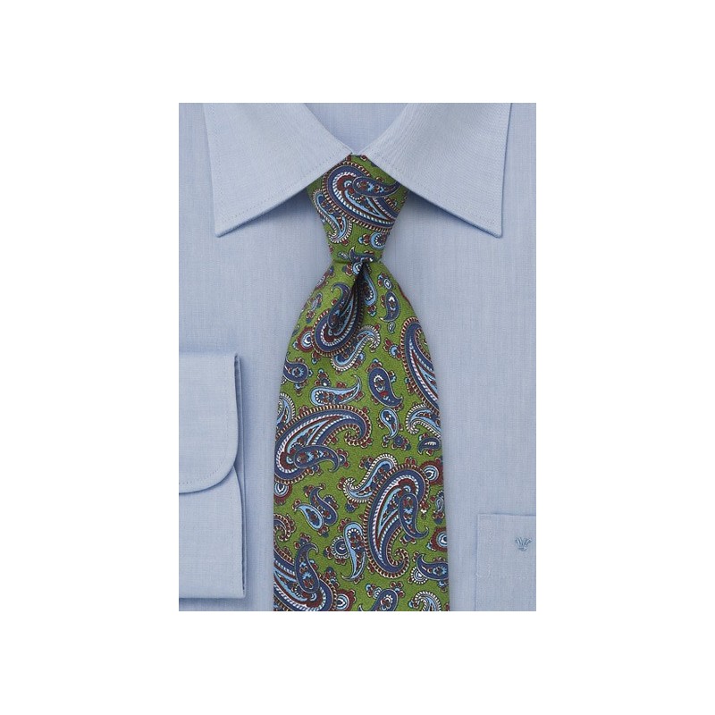 Classic Green Silk Tie with Blue Paisley Print