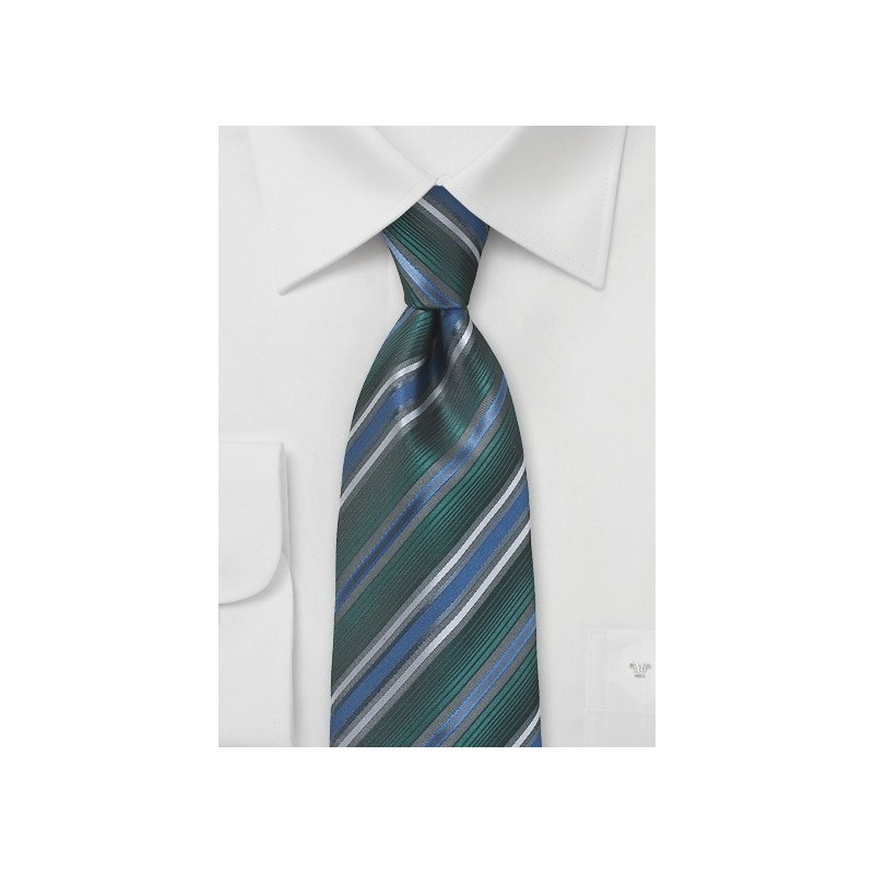 Hunter Green, Blue, and Silver Striped Tie