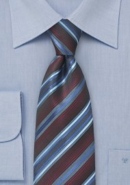 Burgundy Color Tie with Gray and Blue Stripes