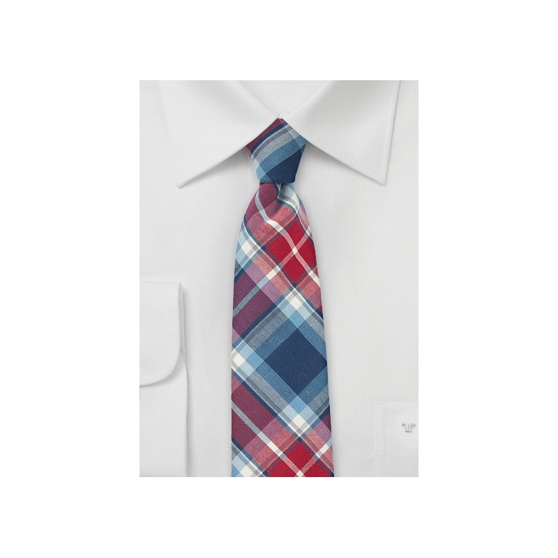 Narrow Cotton Plaid Tie in Red and Blue