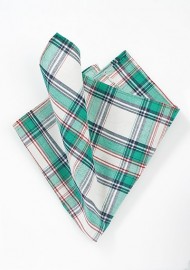 Plaid Cotton Pocket Square in Green and Cream