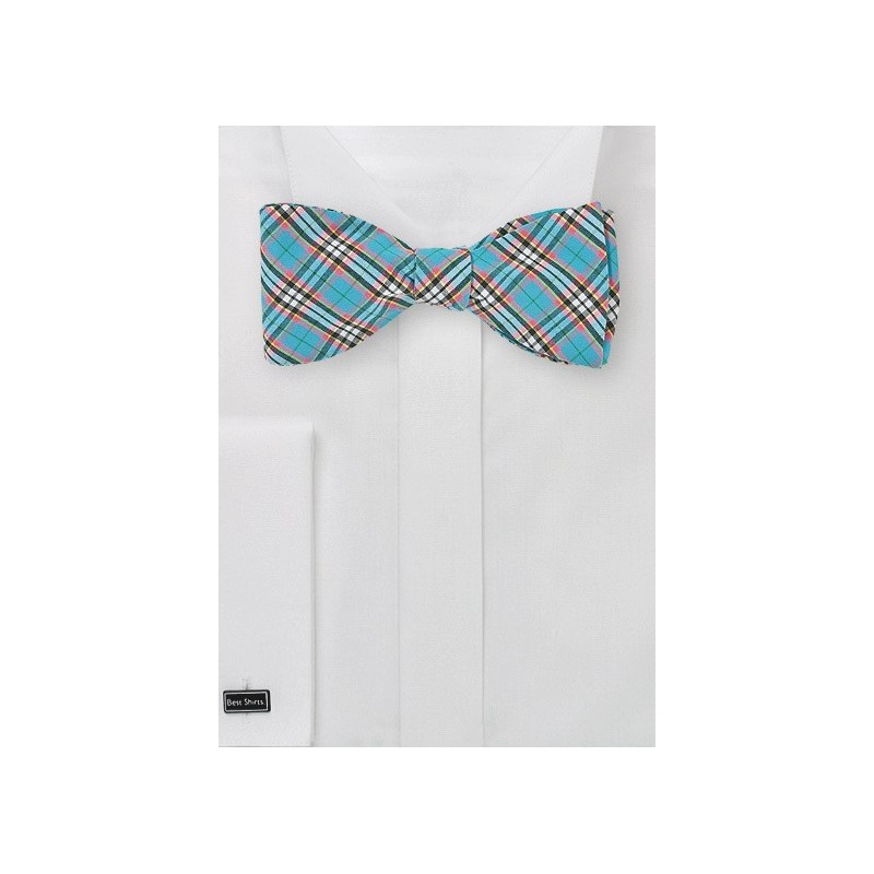 Turquoise Bow Tie with Trendy Plaid Design