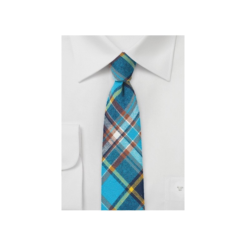 Skinny Flannel Plaid Tie in Turquoise
