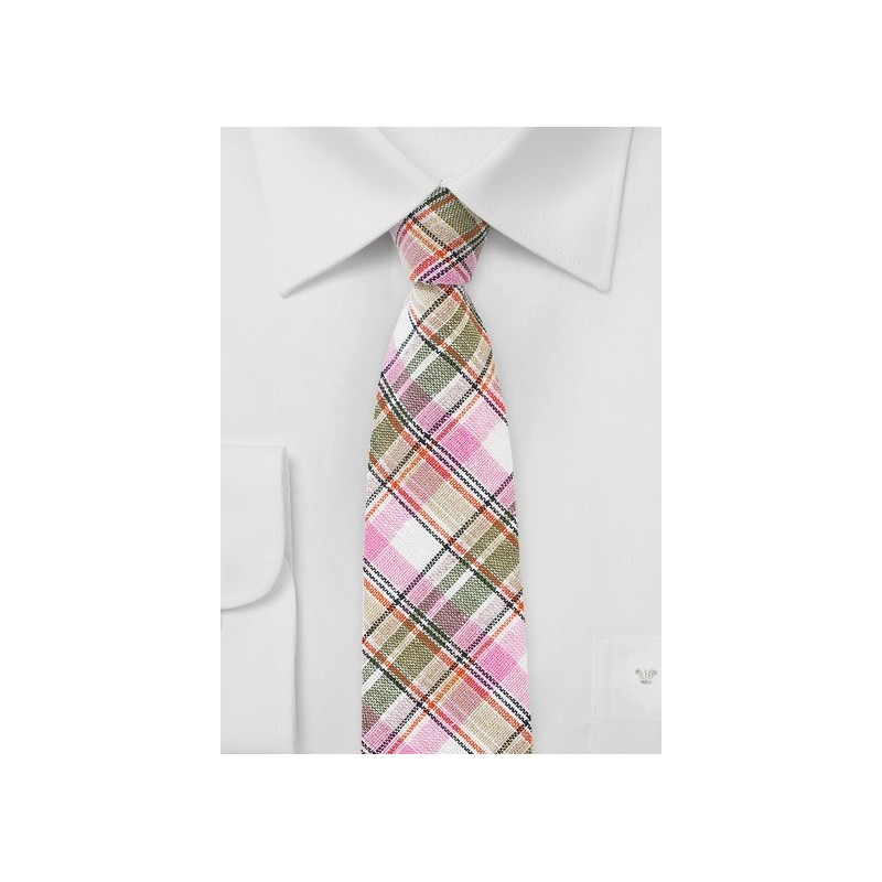 Pink, Tan, and Cream Colored Linen Plaid Tie