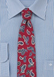 Red Wool Tie with Blue Paisley Print