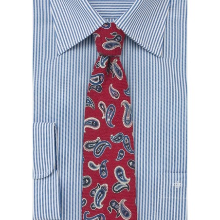 Red Wool Tie with Blue Paisley Print