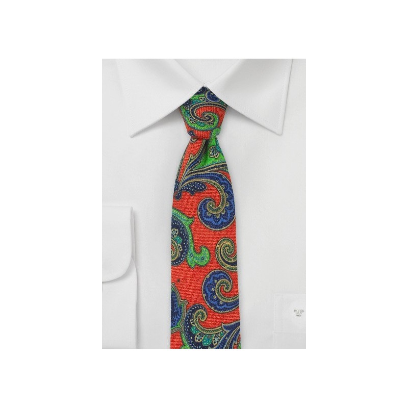 Bold Wool Paisley Tie in Orange, Lime, and Blue