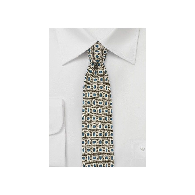 Olive and Blue Wool Print Skinny Tie