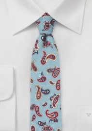 Paisley Print Tie in Wool in Light Blue