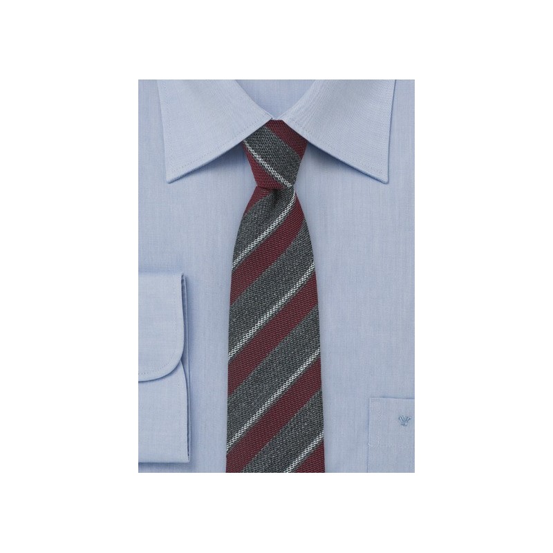 Repp Striped Wool Tie in Gray and Burgundy