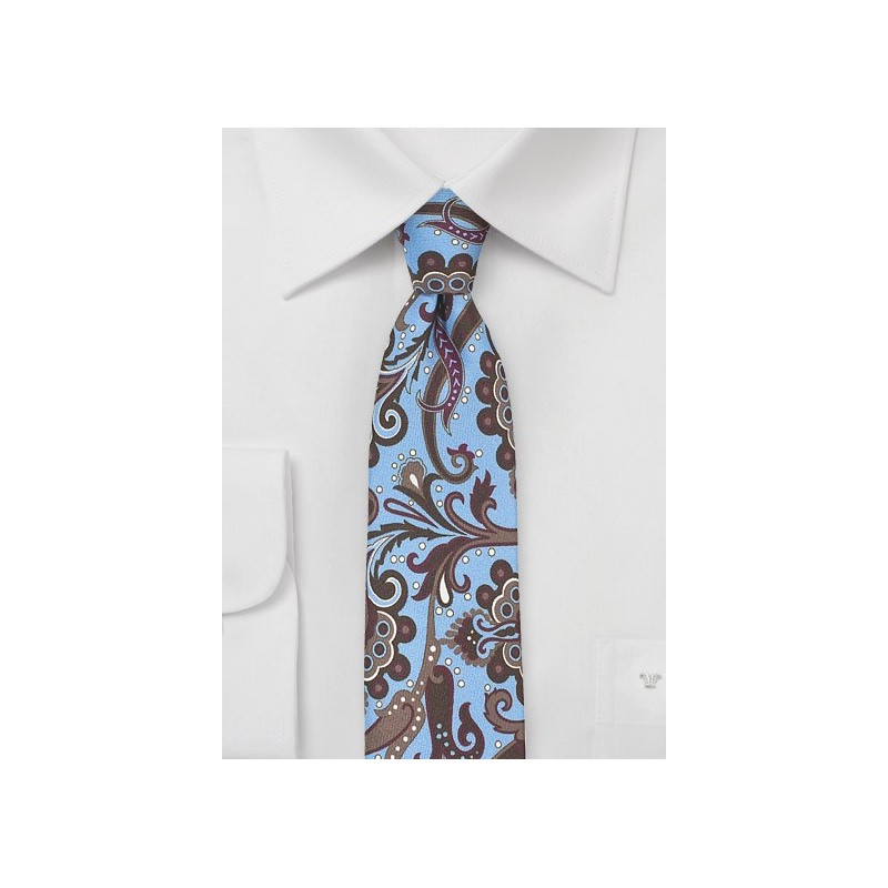 Retro Paisley Skinny Tie in Sky Blue and Brown