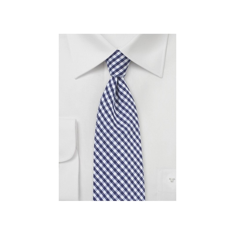Cotton Micro Plaid Tie in Navy and White