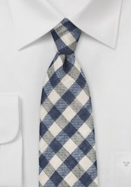 Blue and Beige Gingham Tie in Wool and Linen
