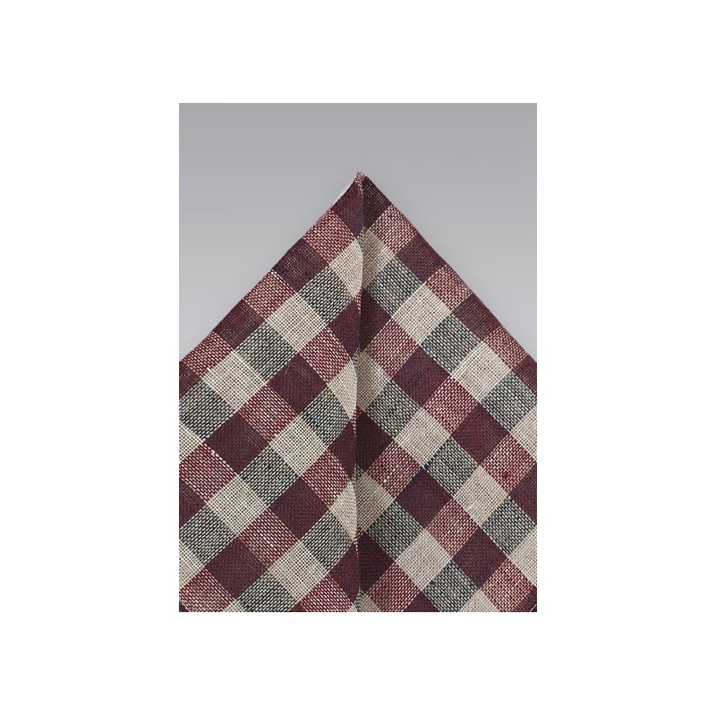 Wine Red and Beige Gingham Pocket Square