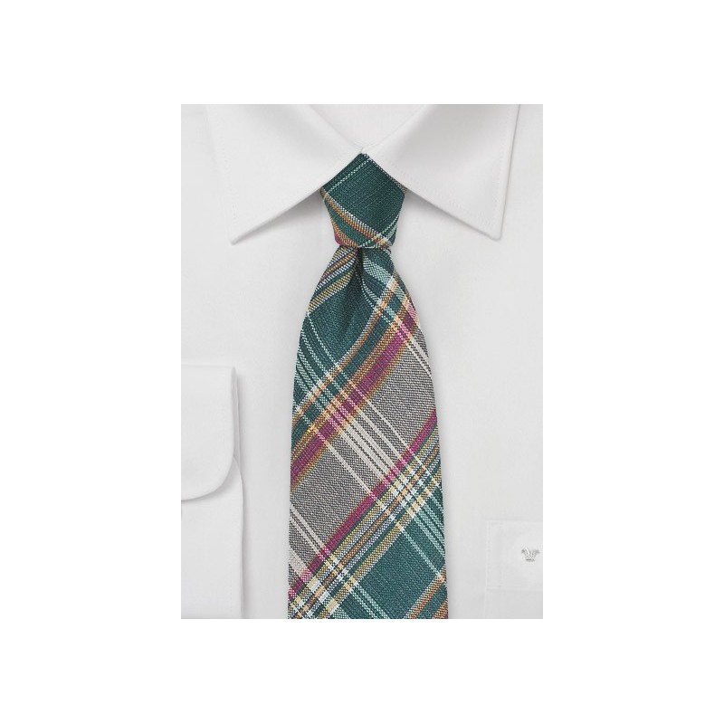 Autumn Madras Plaid Necktie in Green and Brown