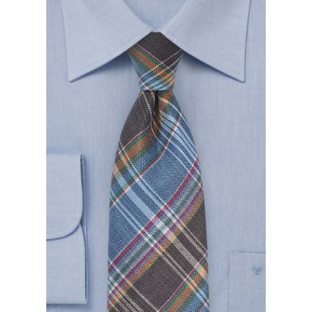 Autumn Madras Tie in Light Blue and Brown