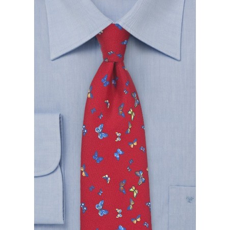 Red Silk Tie with Colorful Butterflies