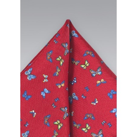 Red Silk Pocket Square with Butterflies