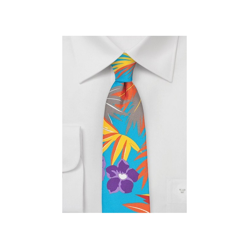 Aqua Blue Skinny Tie with Hawaii Print