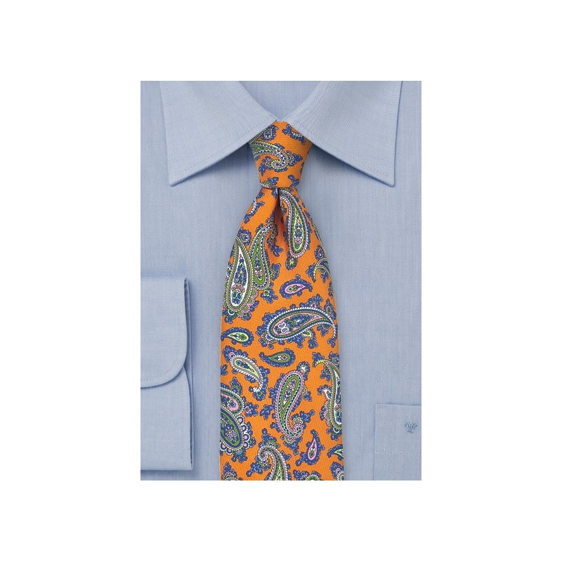 French Paisley Tie in Bright Orange and Blue