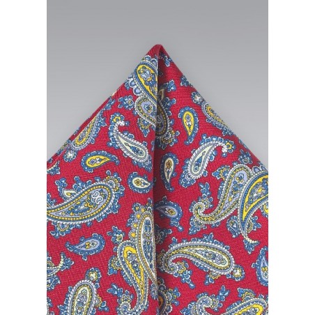 Red, Yellow, and Blue Paisley Silk Pocket Square