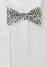 Vintage Print Wool Bow TIe in Olive and Blue