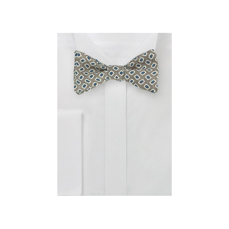 Vintage Print Wool Bow TIe in Olive and Blue