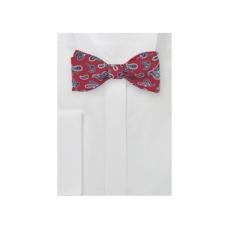 Cherry Red and Blue Wool Bow Tie