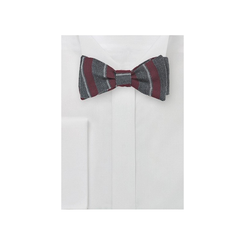 Wool Striped Bow Tie in Gray and Burgundy