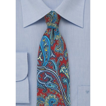 Intricate Paisley Silk Tie in Red, Blue, Yellow