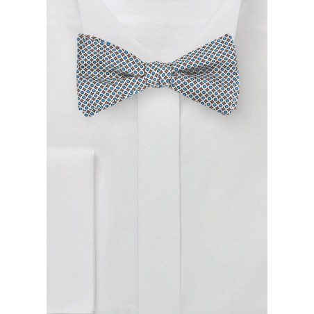 Geometric Print Silk Bow Tie in Silver and Blue