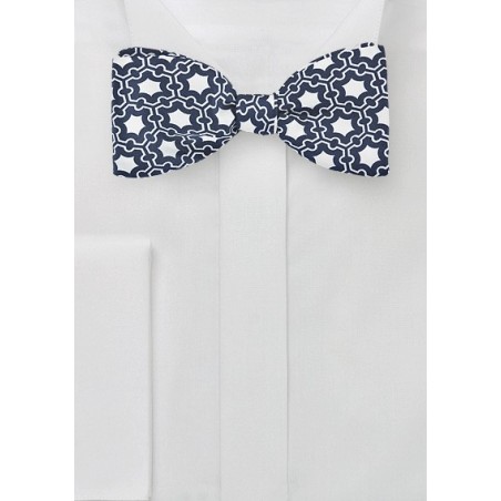 Modern Moroccan Print Bow Tie in Blue and White