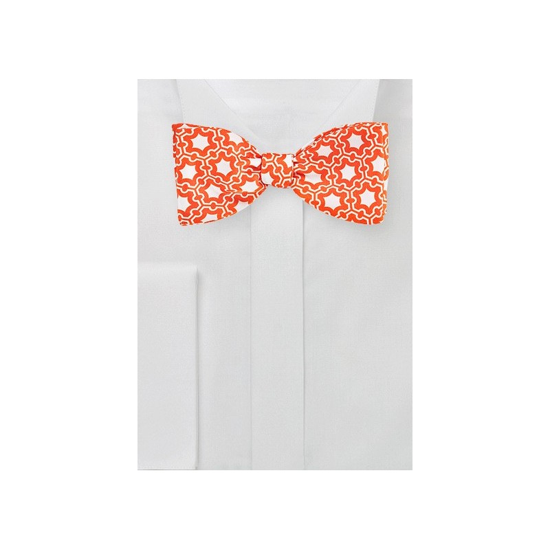 Modern Moroccan Print Bow Tie in Bright Orange and White
