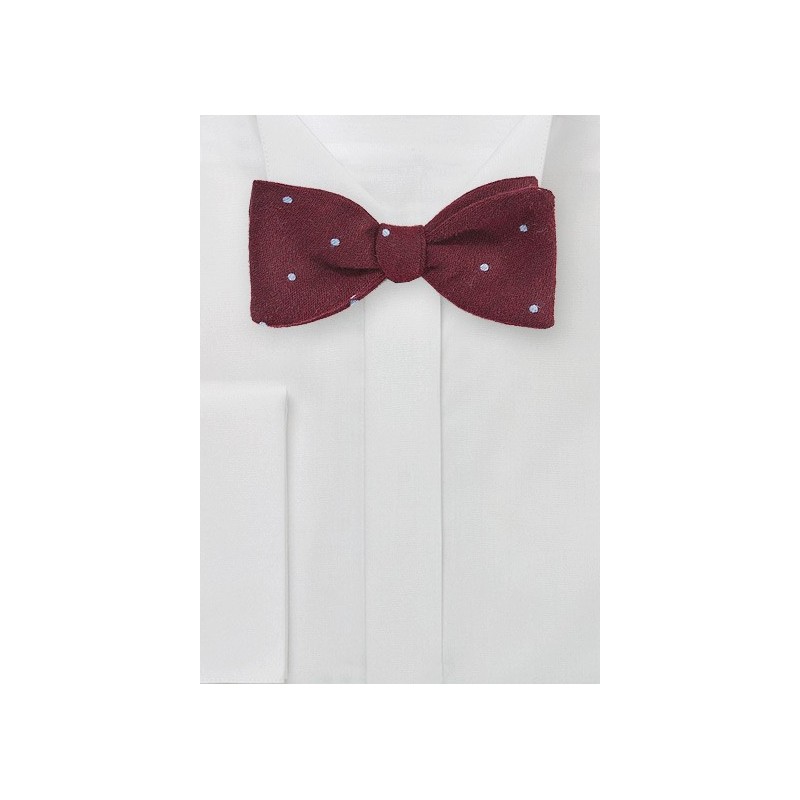 Dark Red Wool Bow Tie with Light Blue Polka Dots