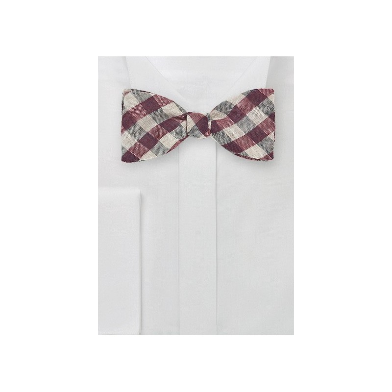 Gingham Wool Bow Tie in Wine Red and Tan