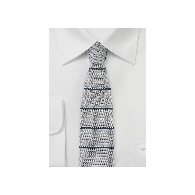 Cotton Knit Striped Tie in Gray and Navy