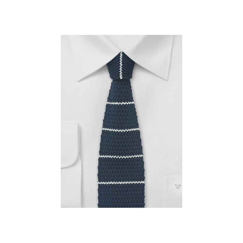 Knitted Cotton Tie in Navy with White Stripes