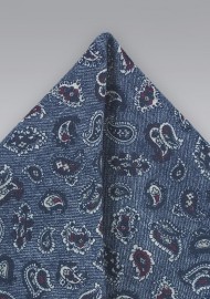Blue Wool Pocket Square with Paisleys