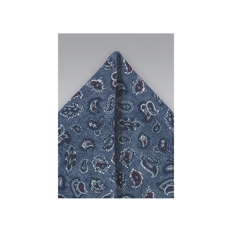 Blue Wool Pocket Square with Paisleys
