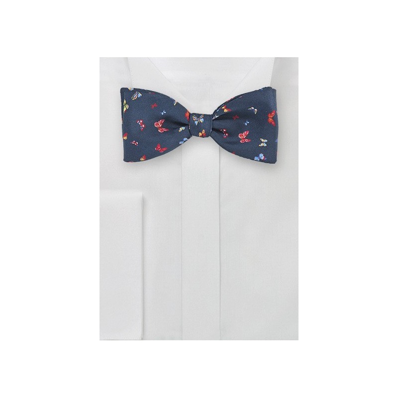 Navy Silk Bow Tie with Butterflies