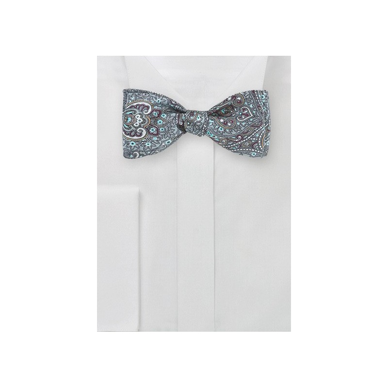 Moroccan Paisley Bow Tie in Pool Blue and Gray