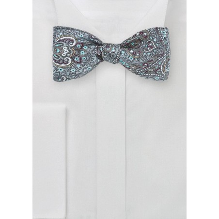 Moroccan Paisley Bow Tie in Pool Blue and Gray
