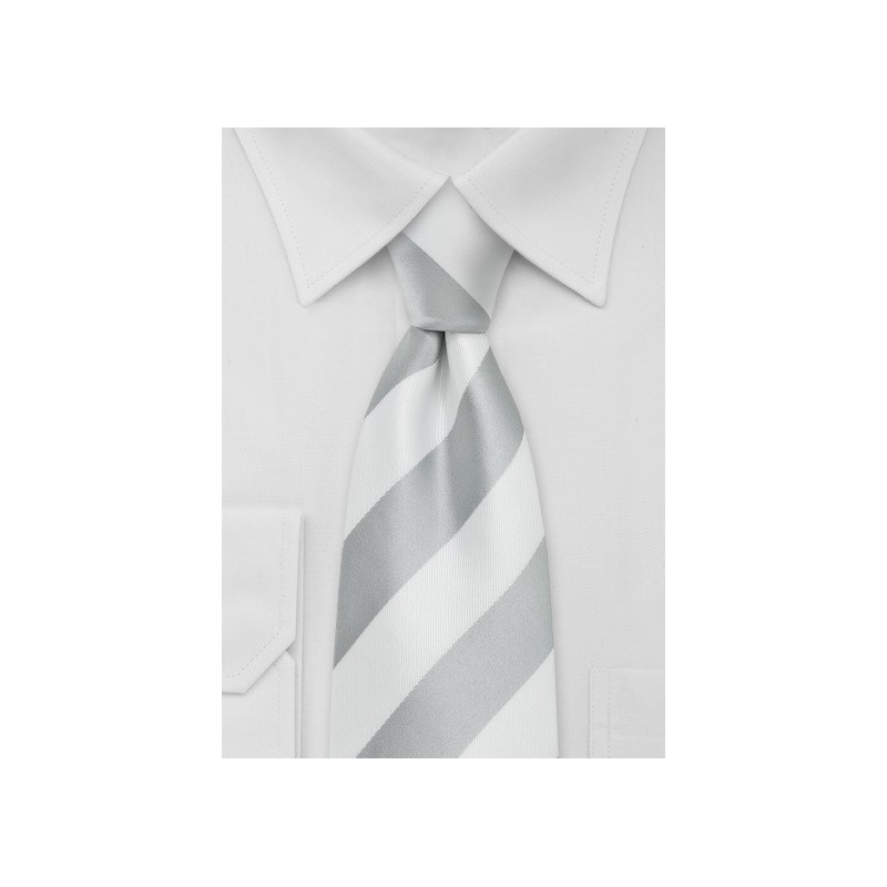 Wide Striped XL Length Tie in Silver and White