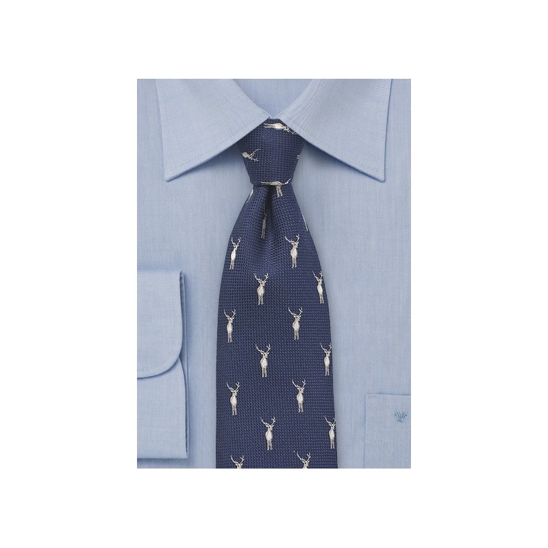 Navy Wool Tie with Woven Stags Pattern